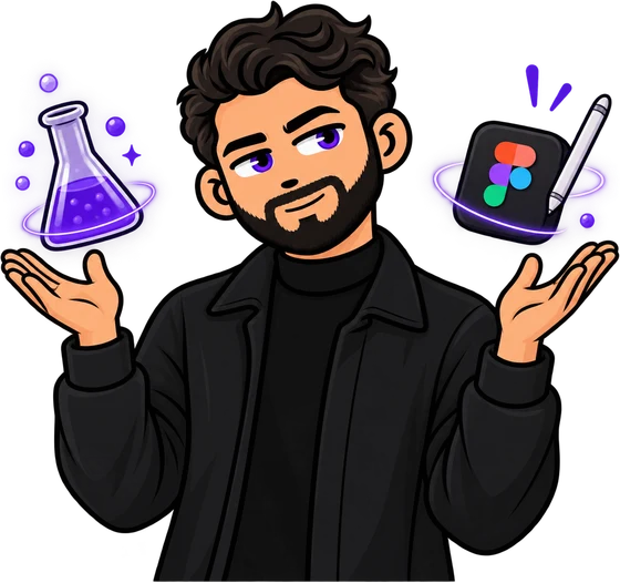 Mohamad Hawa, illustrated, holding a flask in one hand and Figma in the other