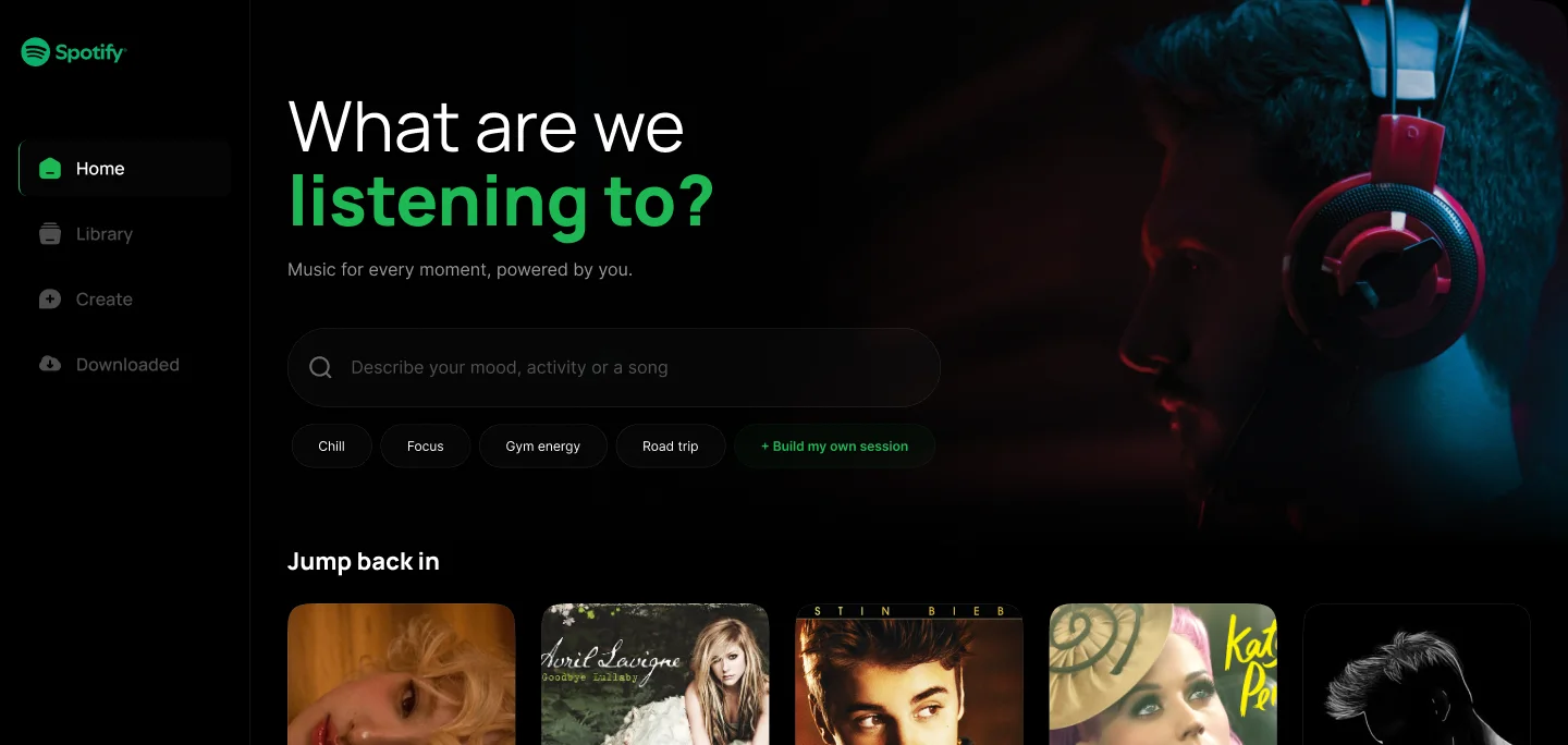 The exploration: a home screen opening on the question "What are we listening to?" with a search field and mood chips above the usual rows