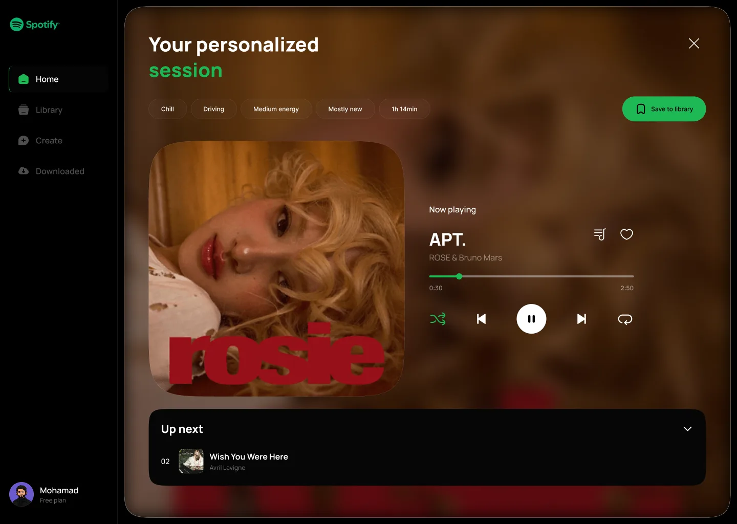 The session playing: large album artwork, playback controls and the session context alongside